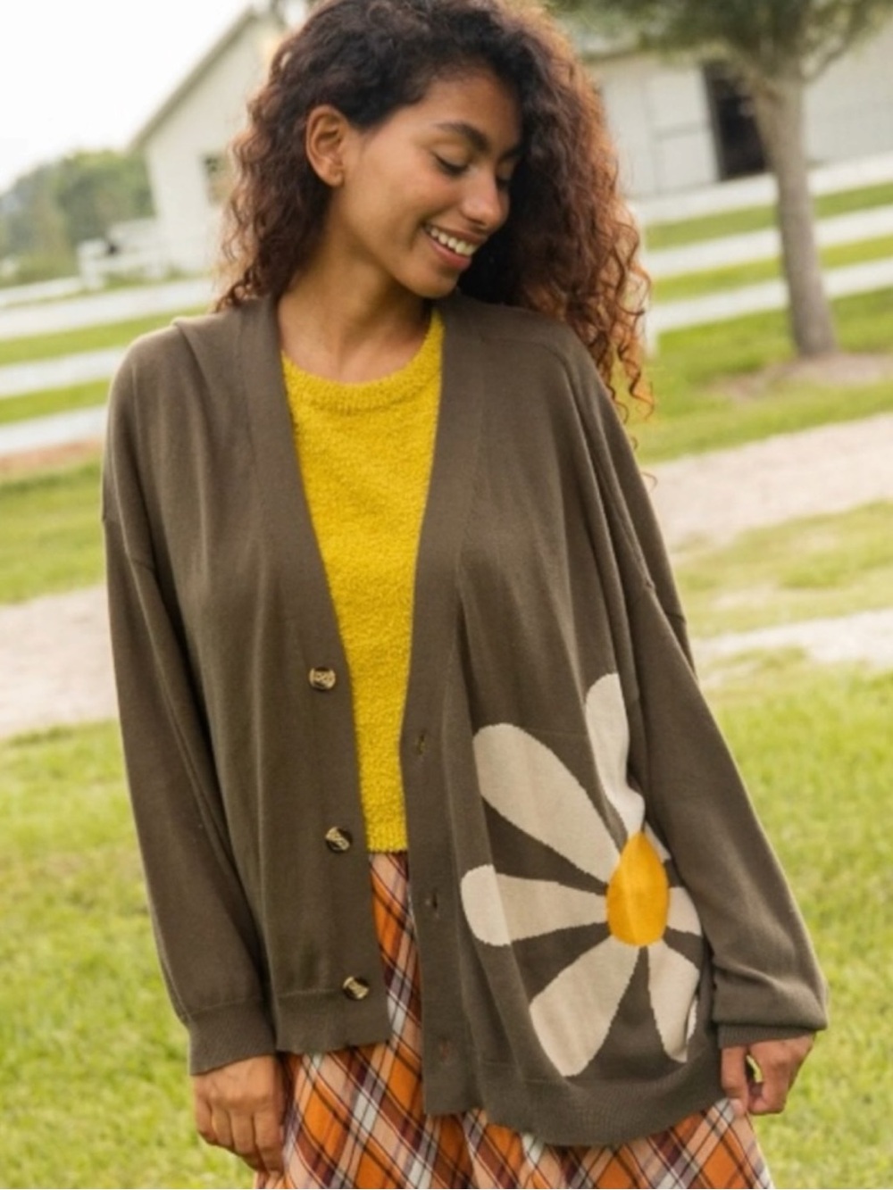 Natural Life Live Happy Olive Green Daisy Cardigan Sweater Oversized Small XS - Picture 12 of 12